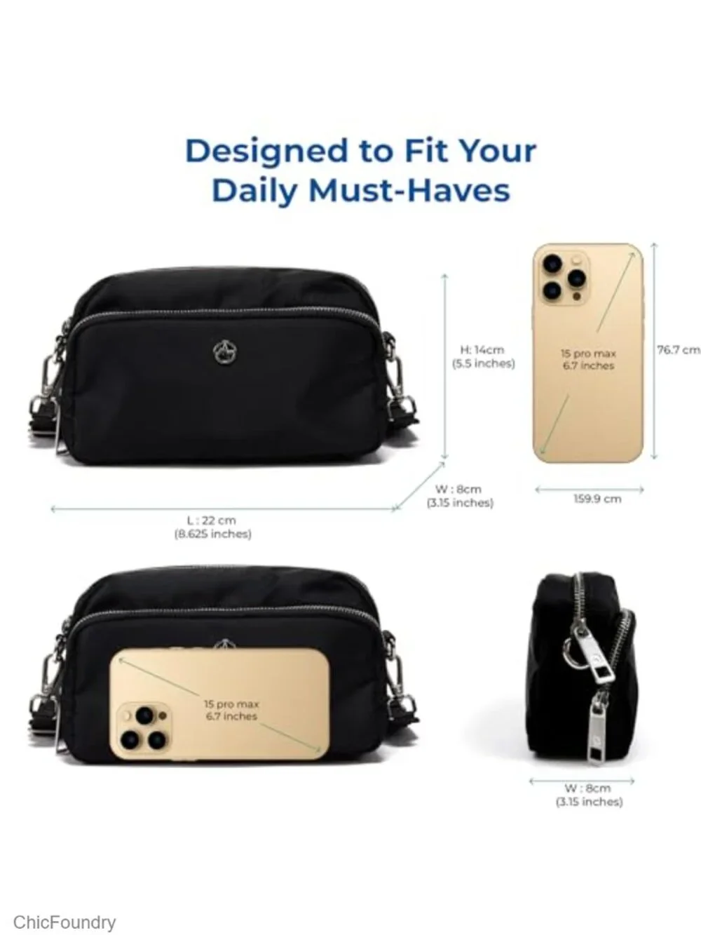 Crossbody Sling Bag with Adjustable Strap, Water-Resistant Nylon, Travel Purse